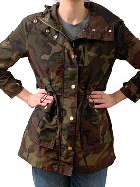 J. Crew Camouflage Green Jacket Raincoat Hood Military Utility Streetwear Camo